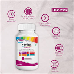 Healthvit Cenvitan Multivitamin for Women | Women Daily Nutrition, Immunity Booster | Hair, Skin and Nails | Bone Health | Energy Boost | Metabolism Booster - 60 Tablets (24 Nutrients)