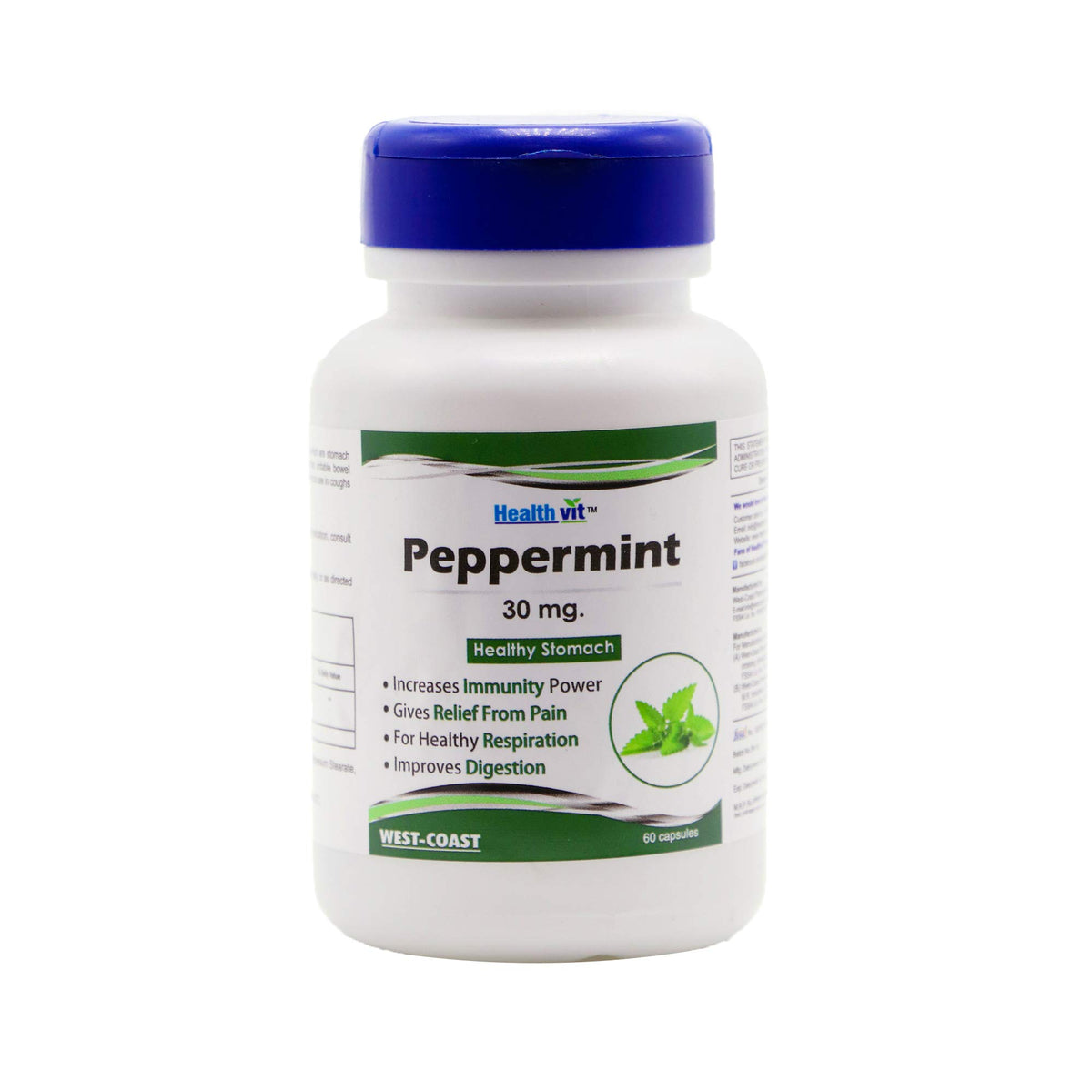 Healthvit Peppermint 30mg for Healthy Stomach | Supplement | Stomach cleanser | Immunity boosters | Relief From Pain | Helps with Migraine and Digestion | 60 Capsules