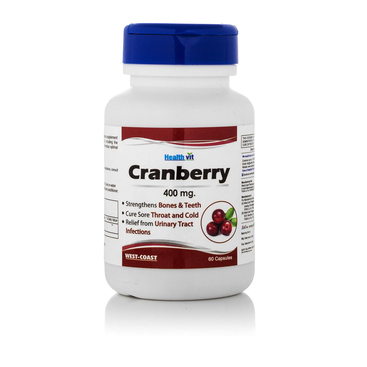 Healthvit Pure Cranberry Extract 400mg For Strengthens Bones & Teeth | Relief From UTI | Promotes Optimal Immune System | 100% Natural And Vegan | 60 Capsules