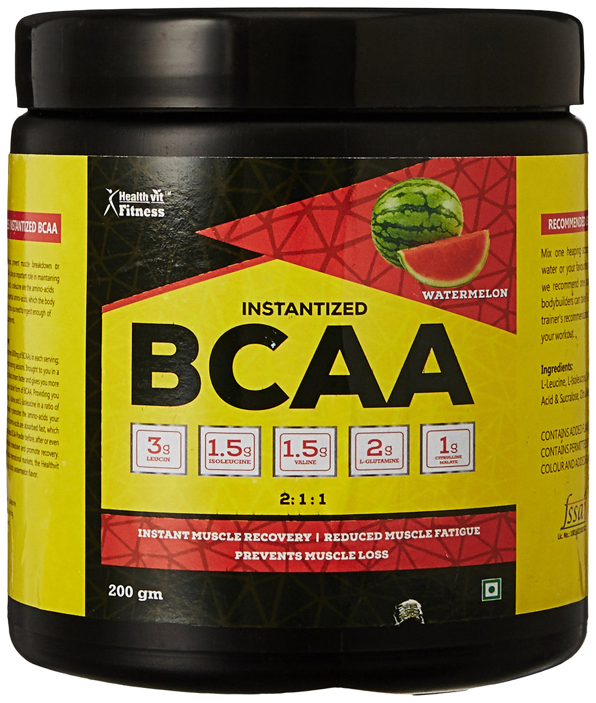Healthvit Fitness BCAA Supplement for Workout | L-Leucine, L-Isoleucine and L-Valine in the ratio of 2: 1: 1 with L-Glutamine & L-Citrulline Malate – 200g Watermelon Flavor