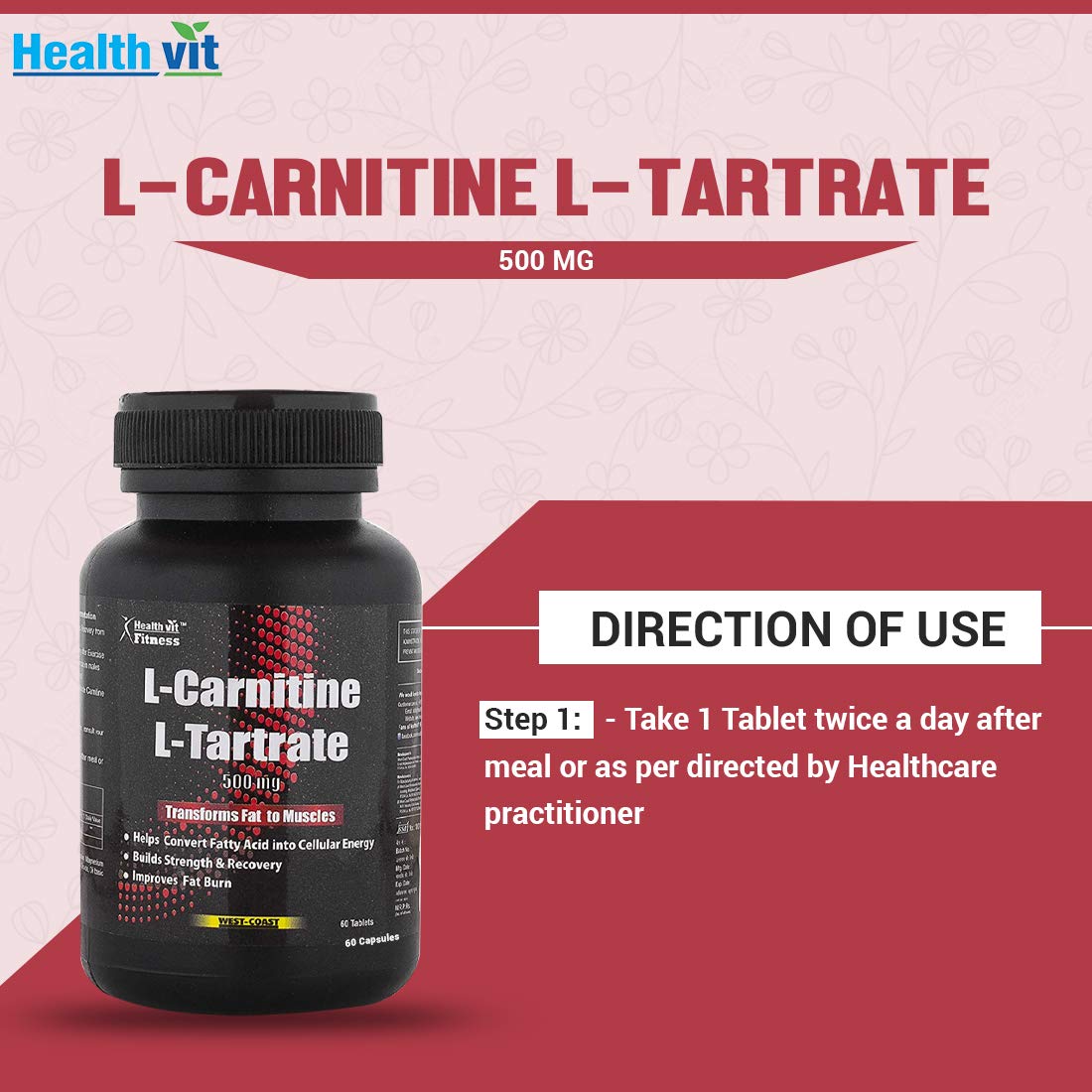 Healthvit L-Carnitine L-Tartrate 500 mg | Weight Loss Supplement, Fat Healthvit L-Carnitine L-Tartrate 500 mg | Weight Loss Supplement, Fat