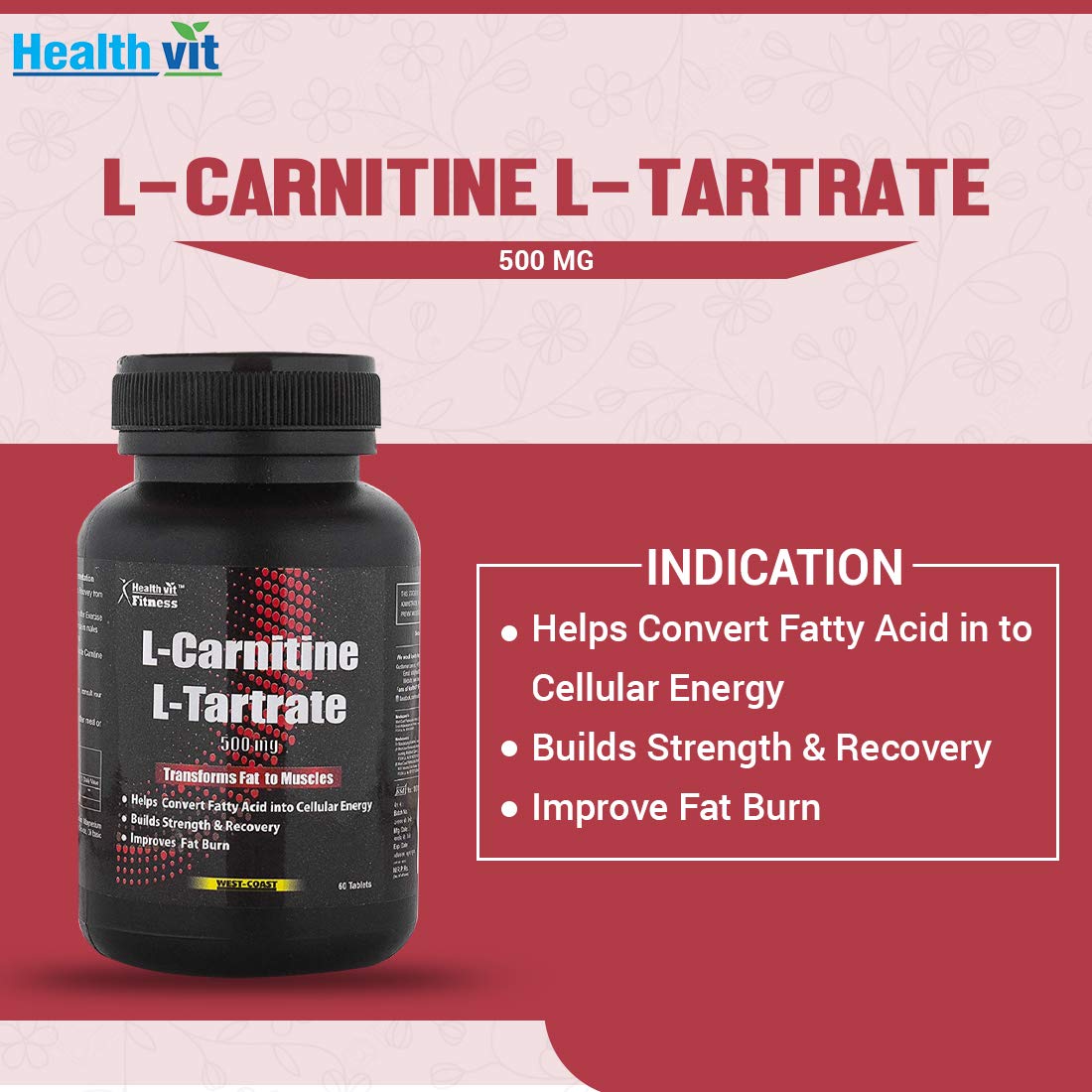 Healthvit L-Carnitine L-Tartrate 500 mg | Weight Loss Supplement, Fat Healthvit L-Carnitine L-Tartrate 500 mg | Weight Loss Supplement, Fat
