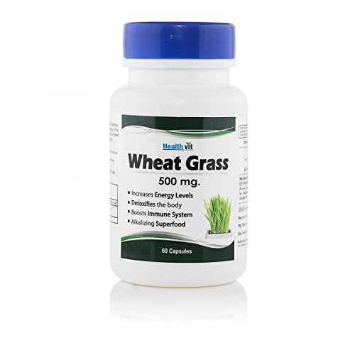 Healthvit Wheat Grass 500mg For Detoxifies The Body | Boosts Immune System | Increase Energy Level | Alkaline Superfood | 100% Natural And Non-GMO | 60 Capsules