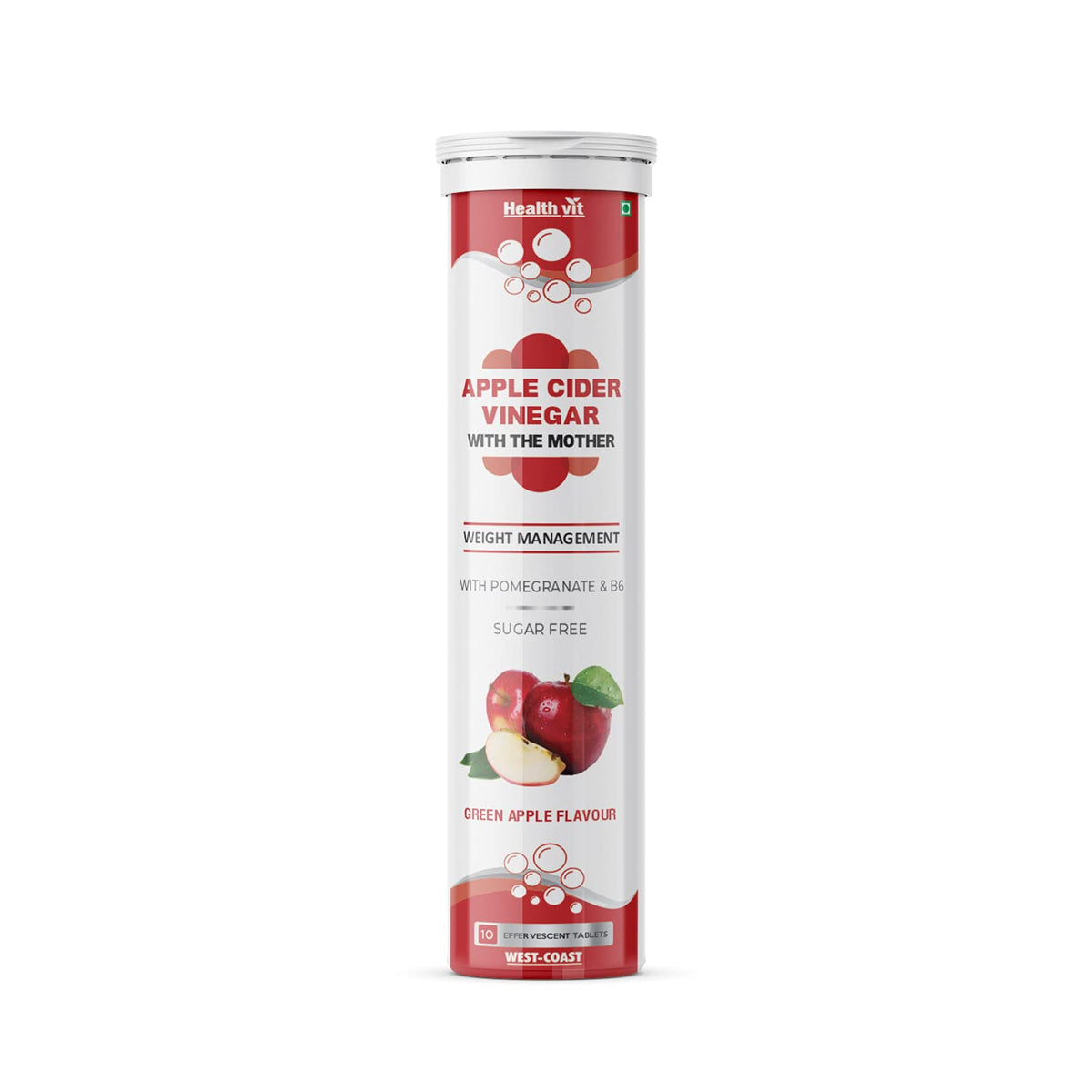 Healthvit Apple Cider Vinegar 500mg with Pomegranate & B6 for Weight Loss, Immunity, Metabolism, Heart health - Sugar Free 10 Effervescent Tablets Green Apple