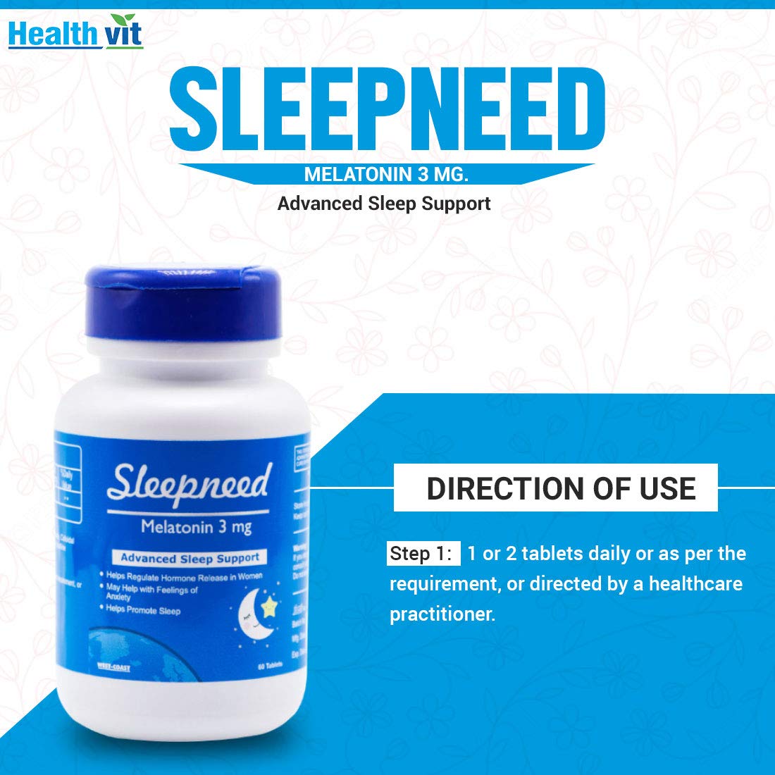 Healthvit Sleepneed Melatonin 3mg | Formulated to Promote Peaceful Sleep | Advanced Sleep Support | Stay Asleep Longer, Easy to Take, Faster Absorption - 60 Tablets