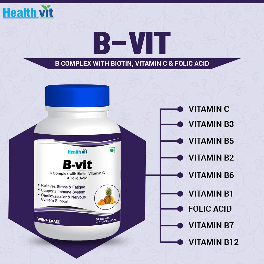 Healthvit Nutrition Natural B-Vit Vitamin B complex with Biotin, Vitamin C and Folic Acid - 60 Tablets