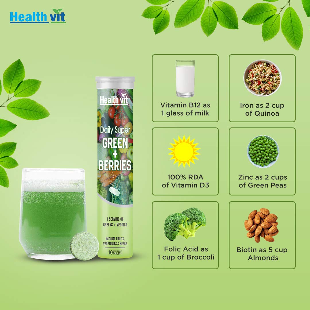 Healthvit Daily Super Green + Berries, Wholefood Multivitamin with Vitamin D3, Zinc, B6, B12, Iron for Immunity, Detox and Antioxidants - 10 Effervescent Tablets