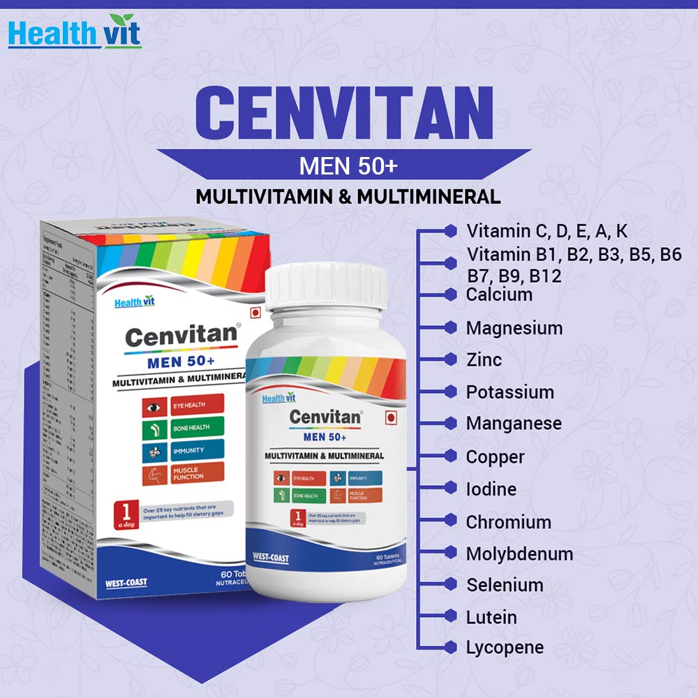 Healthvit Cenvitan Men 50+ Multivitamins and Multimineral 25 Nutrients (Vitamins and Minerals) | Eye Health, Immunity, Bone Health and Muscle Function – Pack of 60 Tablets