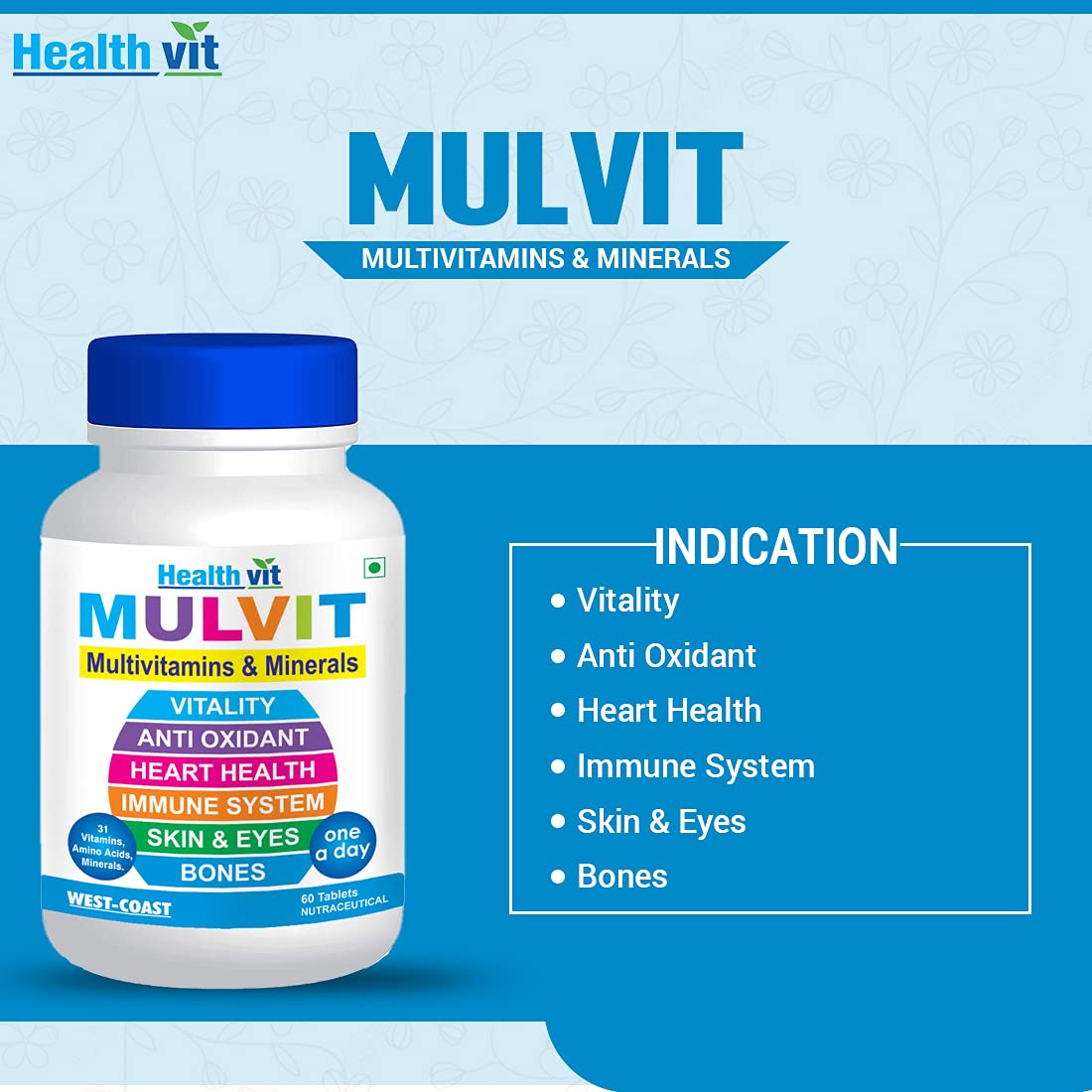 Healthvit Mulvit Multivitamins and Minerals (60 Tablets) with 31 Nutrients (Vitamins, Minerals and Amino Acids) | Anti-Oxidants, Beauty Blend | Energy, Brain, Bone Health