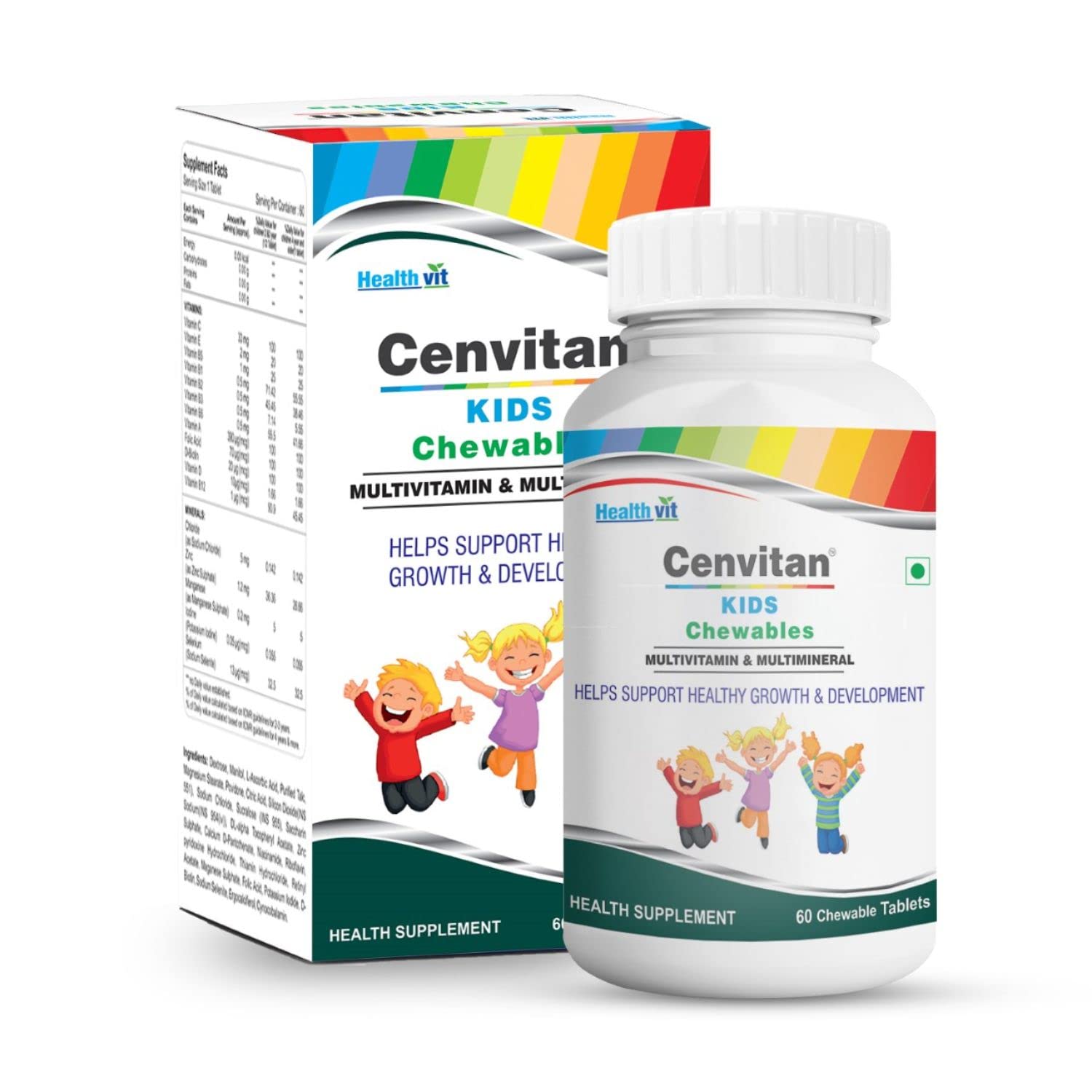 HealthVit Cenvitan Kids Multivitamin & Multimineral Chewable Tablets| Helps Support Healthy Growth & Development| Immunity Booster for Kid's Strength, Energy, Growth & Strong Bones – 60 Tablets