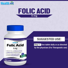 Healthvit Folic Acid 5mg For Heart Health | Ideal for Folic acid Deficiency Anemia | Promotes Energy Metabolism | Healthy Fetal Development Support | Vegan And Gluten Free | 60 Tablets