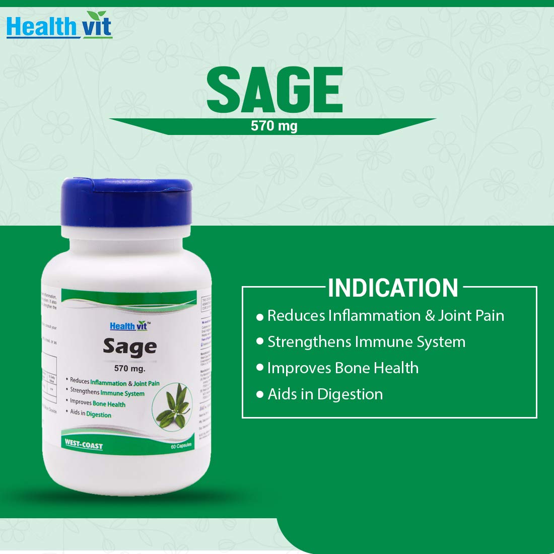 Healthvit Sage 570mg For Improves Bone Health | Reduces Inflammation And Joint Pain | Strengthens Immune System | Supports Brain And Memory Health | 100% Natural And Vegan | 60 Capsules