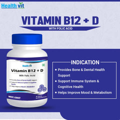 Healthvit Vitamin B12 + D With Folic Acid | Provides Bone & Dental Health Support | Helps Improves Mood & Metabolism | Supports Cognitive Health | Vegan & Non-GMO | 60 Tablets