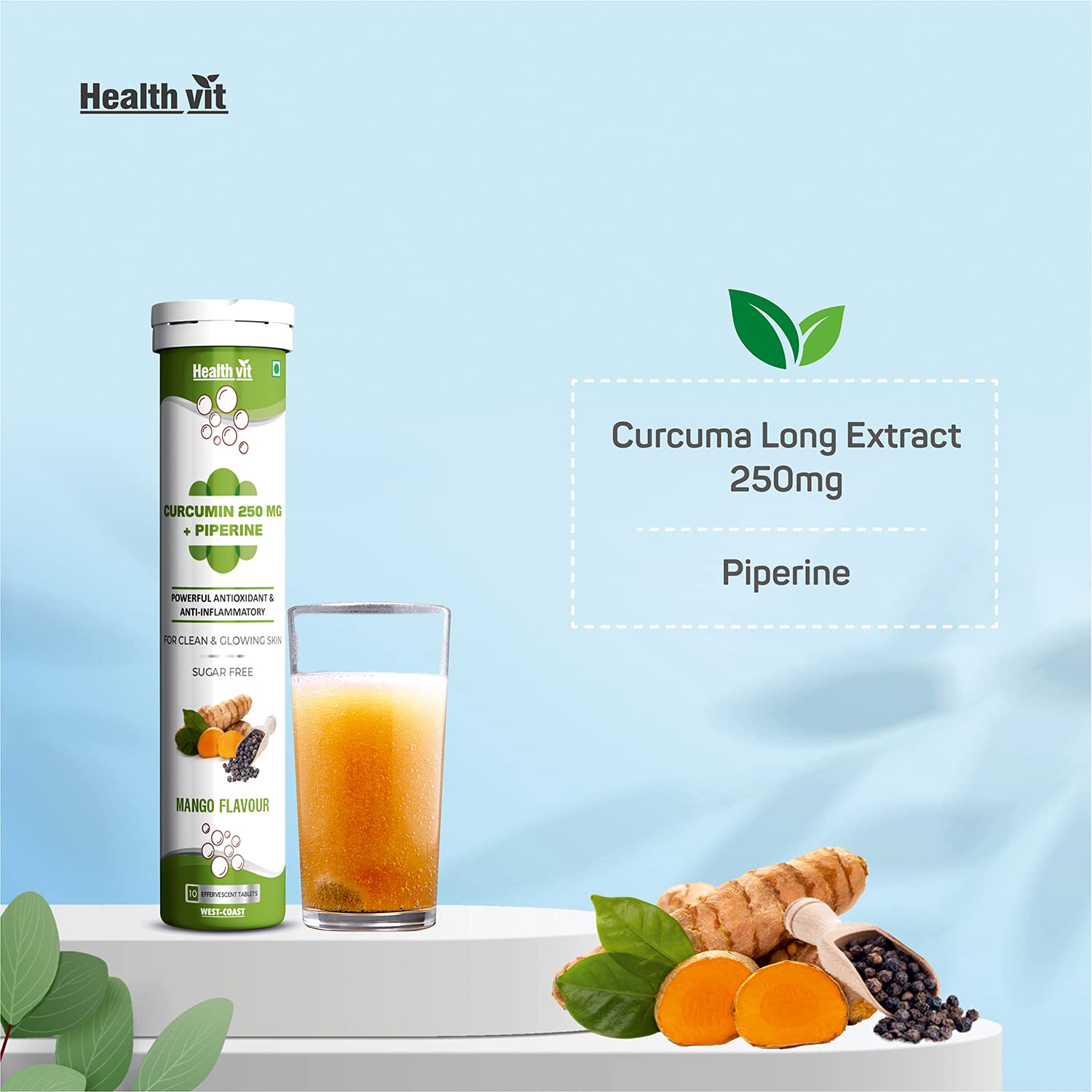 Healthvit Turmeric Curcumin 250mg with Piperine Powerful Antioxidant for Healthy Joint - Sugar Free 10 Effervescent Tablets (Mango Flavor)