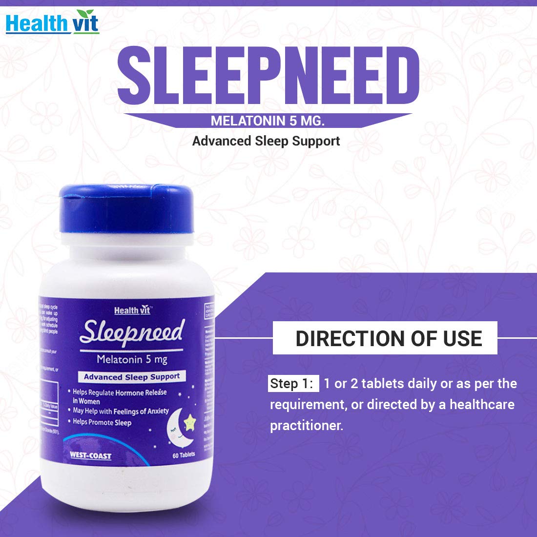 Healthvit Sleepneed Melatonin 5mg | Formulated to Promote Peaceful Sleep | Advanced Sleep Support | Stay Asleep Longer, Easy to Take, Faster Absorption - 60 Tablets
