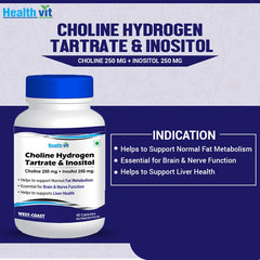 Healthvit Choline Hydrogen Tartrate 250mg & Inositol 250 Mg | Energy Metabolism, Liver Health, Essential for Brain & Nerve Function | Non-GMO, Vegan, Gluten Free, Dairy Free | 60 Capsules