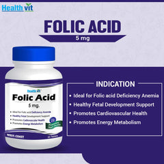 Healthvit Folic Acid 5mg For Heart Health | Ideal for Folic acid Deficiency Anemia | Promotes Energy Metabolism | Healthy Fetal Development Support | Vegan And Gluten Free | 60 Tablets