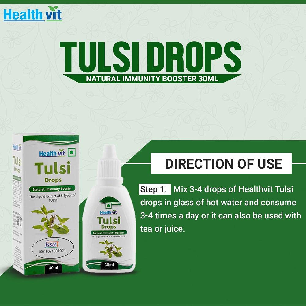 Healthvit Tulsi Drops - Concentrated Extract of 5 Rare Tulsi | For Natural Immunity Boosting | Cures Common Cough and Cold | Provides Anti-Oxidant Effect | 100% Natural & Vegan | 30ml