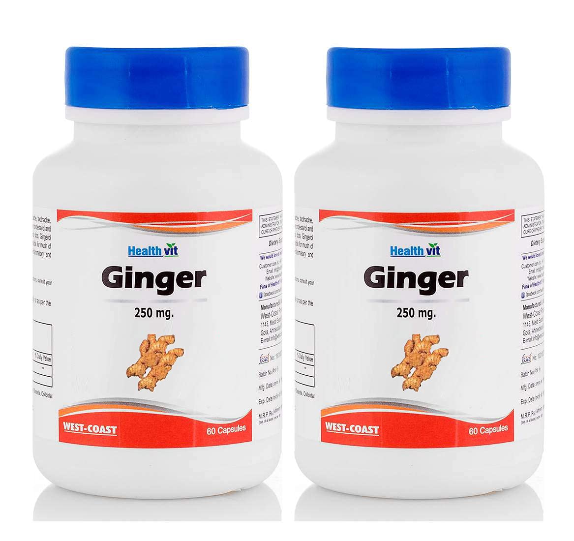 Healthvit Ginger Powder | Zingiber Officinale | Sonth Powder for Effective Treatment of Digestion 250mg - 60 Capsules (Pack of 2)