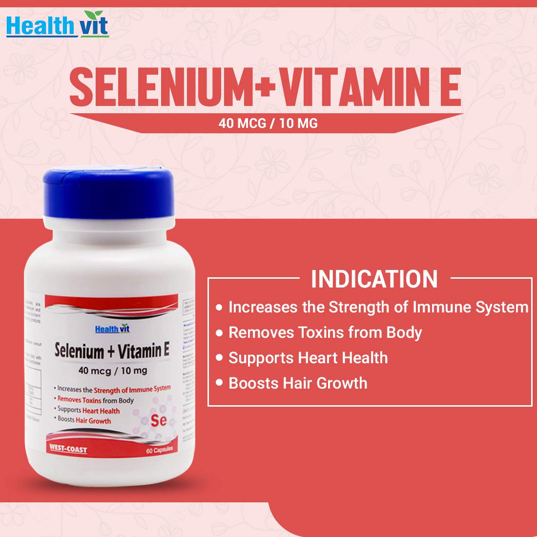 Healthvit Selenium 40mcg + Vitamin E 10mg As Powerful Antioxidant | Removes Toxins From Body | Supports Heart Health | Boosts Hair Growth |Vegan And Gluten Free | 60 Capsules