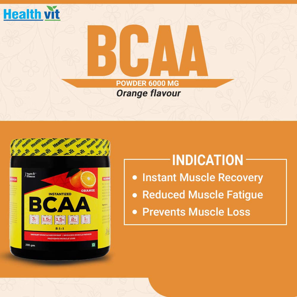 Healthvit Fitness BCAA 6000mg 2:1:1 with L-Glutamine & L-Citrulline Malate, 200g powder (Pack of 10 Servings) Orange Flavor