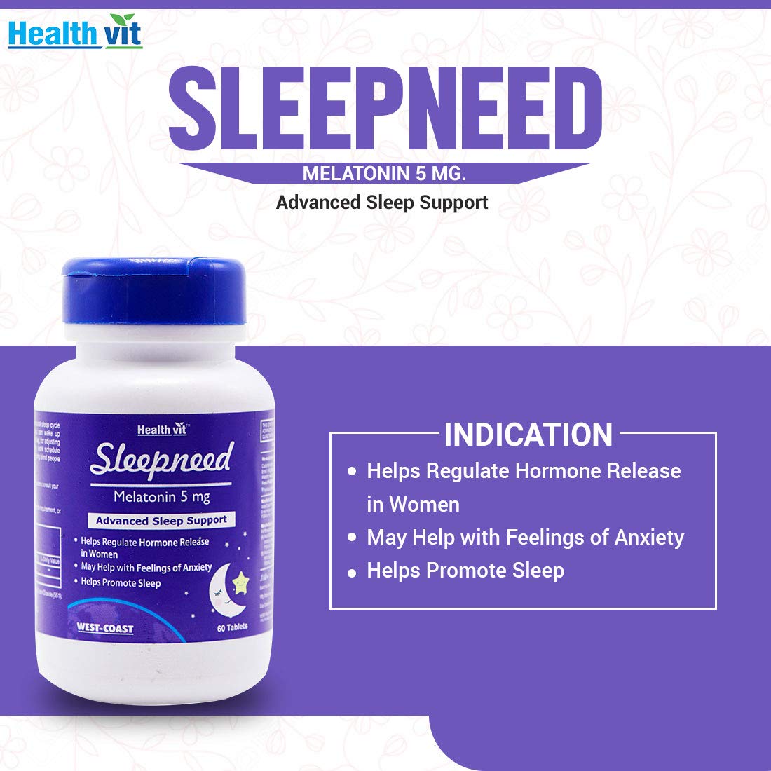 Healthvit Sleepneed Melatonin 5mg | Formulated to Promote Peaceful Sleep | Advanced Sleep Support | Stay Asleep Longer, Easy to Take, Faster Absorption - 60 Tablets