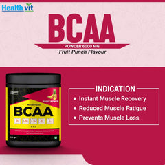 Healthvit Fitness BCAA Supplement for Workout | L-Leucine, L-Isoleucine and L-Valine in the ratio of 2: 1: 1 with L-Glutamine & L-Citrulline Malate – 200g Fruit Punch Flavor