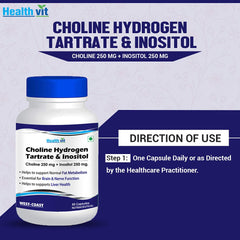 Healthvit Choline Hydrogen Tartrate 250mg & Inositol 250 Mg | Energy Metabolism, Liver Health, Essential for Brain & Nerve Function | Non-GMO, Vegan, Gluten Free, Dairy Free | 60 Capsules