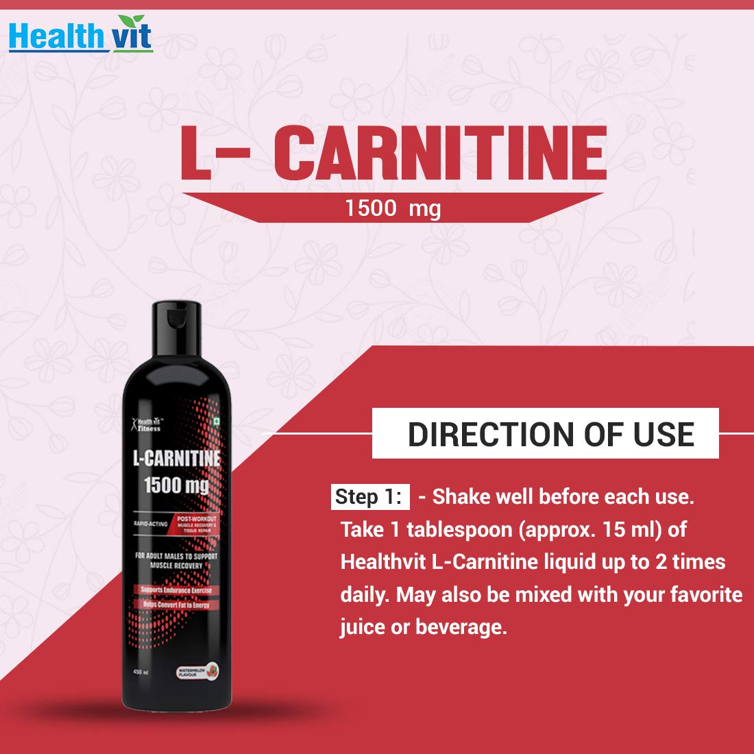 Healthvit Fitness L-Carnitine -1500 Mg for Adult Males to Support Muscle Recovery 450ml - Watermelon Flavor