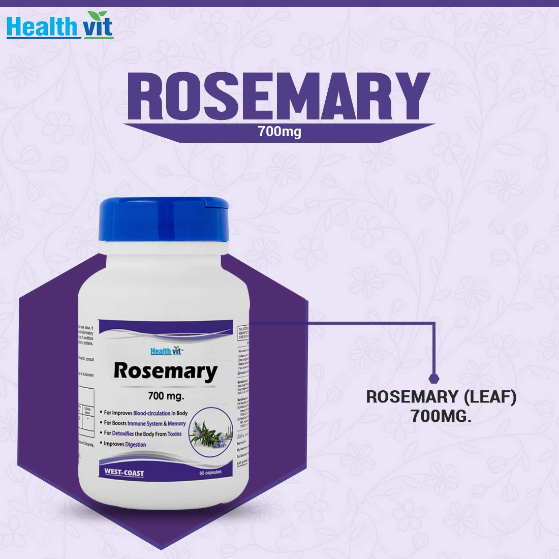 Healthvit Rosemary 700mg - For Proper Blood Circulation | Boost Immune System And Memory | Detoxifies The Body From Toxins | Improves Digestion | 60 Capsules