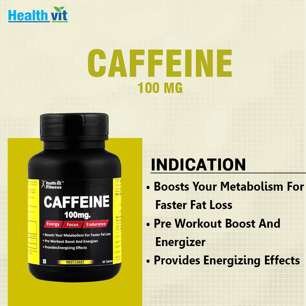 Healthvit Fitness Caffeine 100mg For Energy, Focus & Endurance | Enhance Sports Performance | Helps In Weight Management | Increases Alertness | Fights Fatigue | Vegan And Gluten Free | 60 Tablets