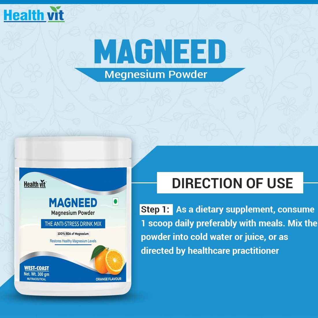 Healthvit Magneed Magnesium Powder the Anti-Stress Drink Mix 100% RDA of Magnesium – 300gm (Orange Flavour)