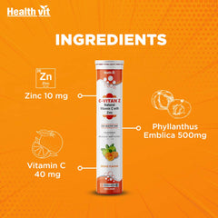 Healthvit C- Vitan-Z Natural Vitamin C 40mg, Amla 500mg And Zinc For Antioxidant Support | Improves Immunity And Skin Health | Delicious, Tasty & Fizzy | Sugar Free 20 Effervescent Tablets (Orange Flavor)