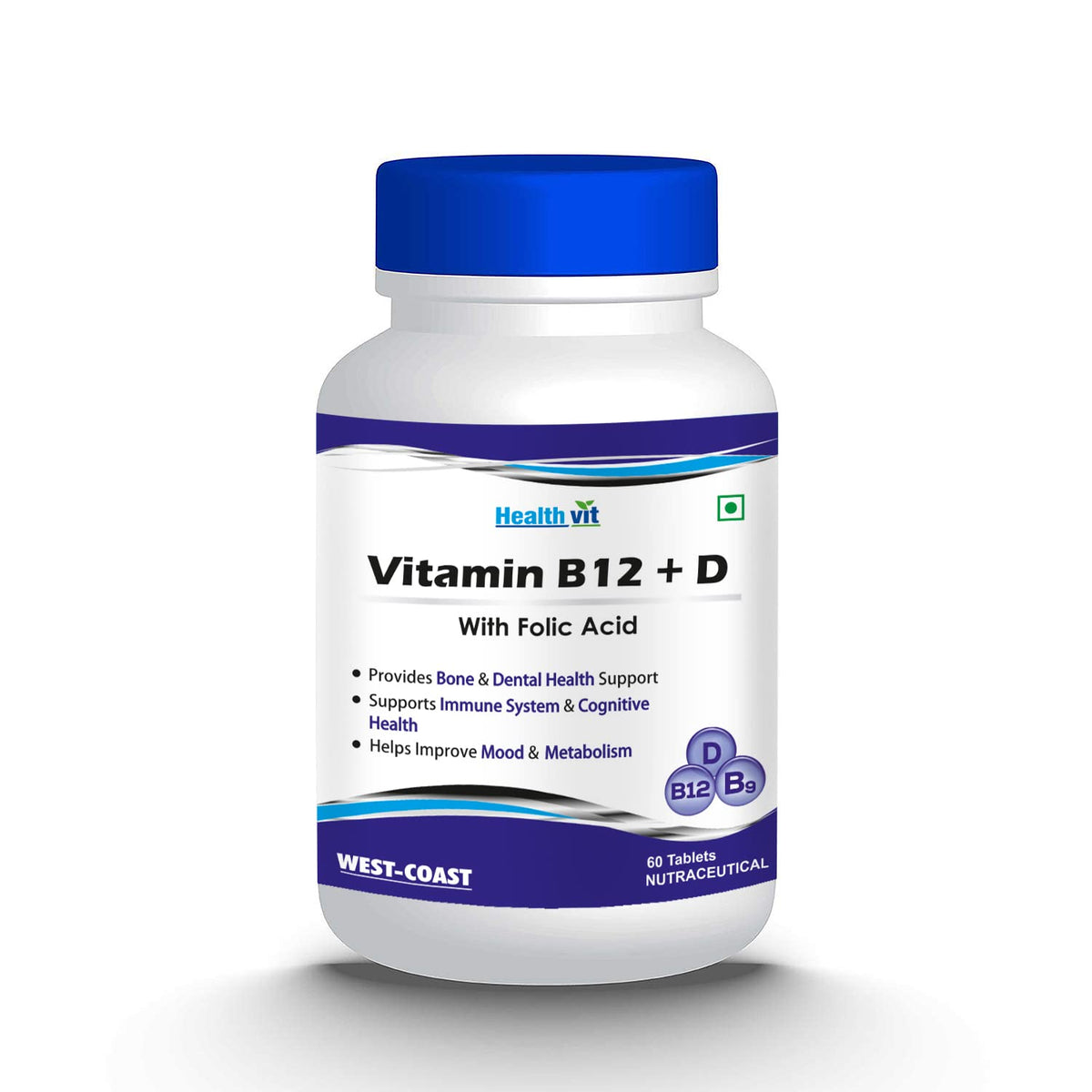 Healthvit Vitamin B12 + D With Folic Acid | Provides Bone & Dental Health Support | Helps Improves Mood & Metabolism | Supports Cognitive Health | Vegan & Non-GMO | 60 Tablets