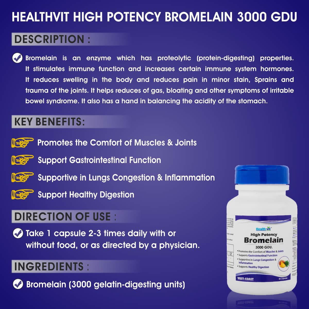 Healthvit High Potency Bromelain 3000 GDU/Gram Natural Supplement, Non-Synthetic, 500 mg, 60 Capsules| Supports Healthy Digestion & Bruises, Immune, Extra Strength