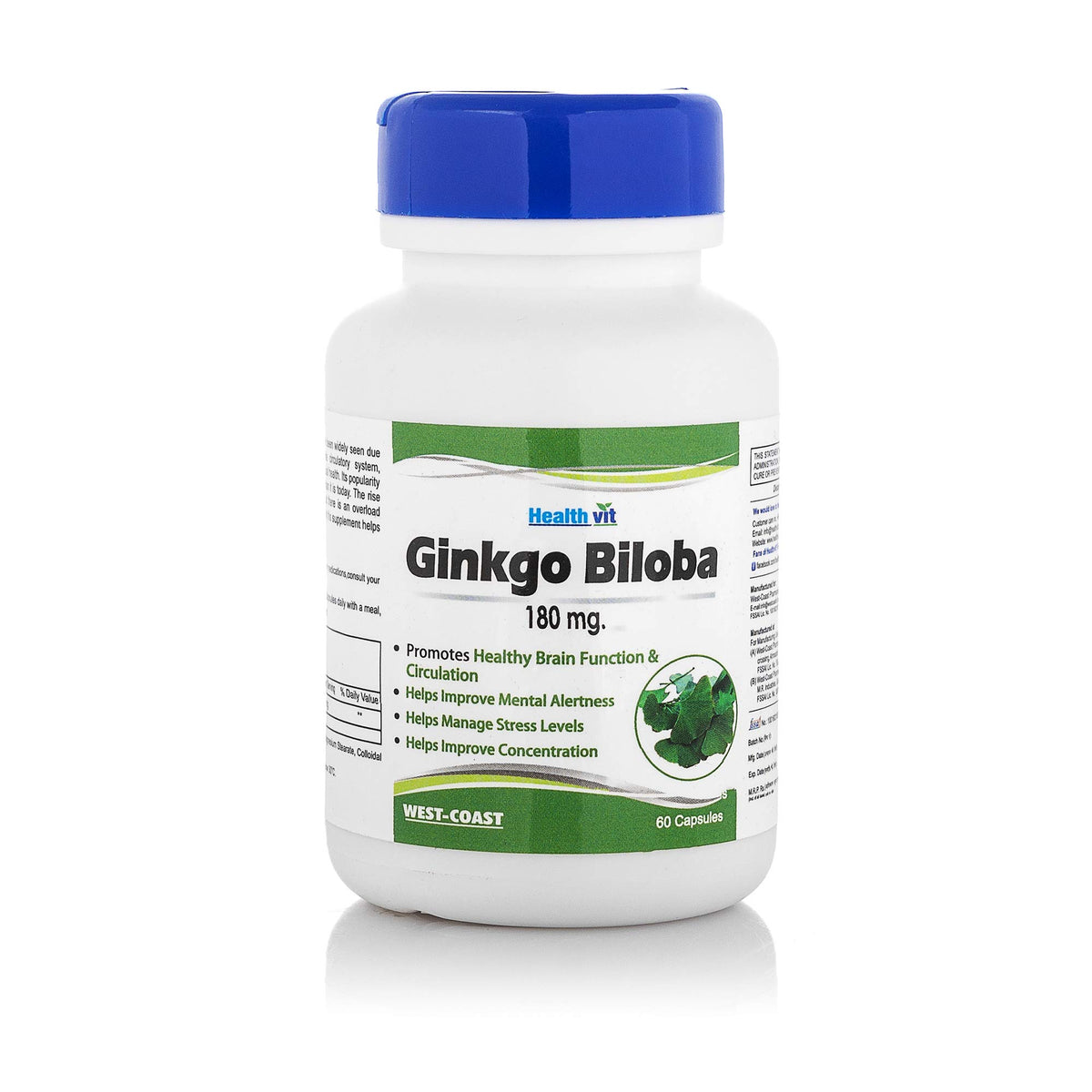 Healthvit Ginkgo Biloba 180mg For Healthy Brain Function | Manage Stress Levels | Improve Mental Alertness | Improve Concentration - 60 Capsules