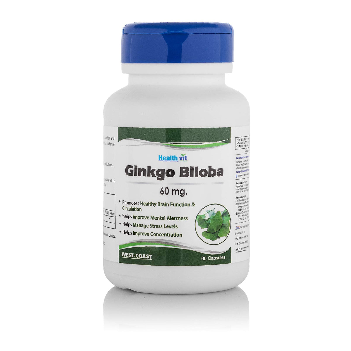 Healthvit Ginkgo Biloba 60mg For Healthy Brain Function | Manage Stress Levels | Improve Mental Alertness | Improve Concentration - 60 Capsules