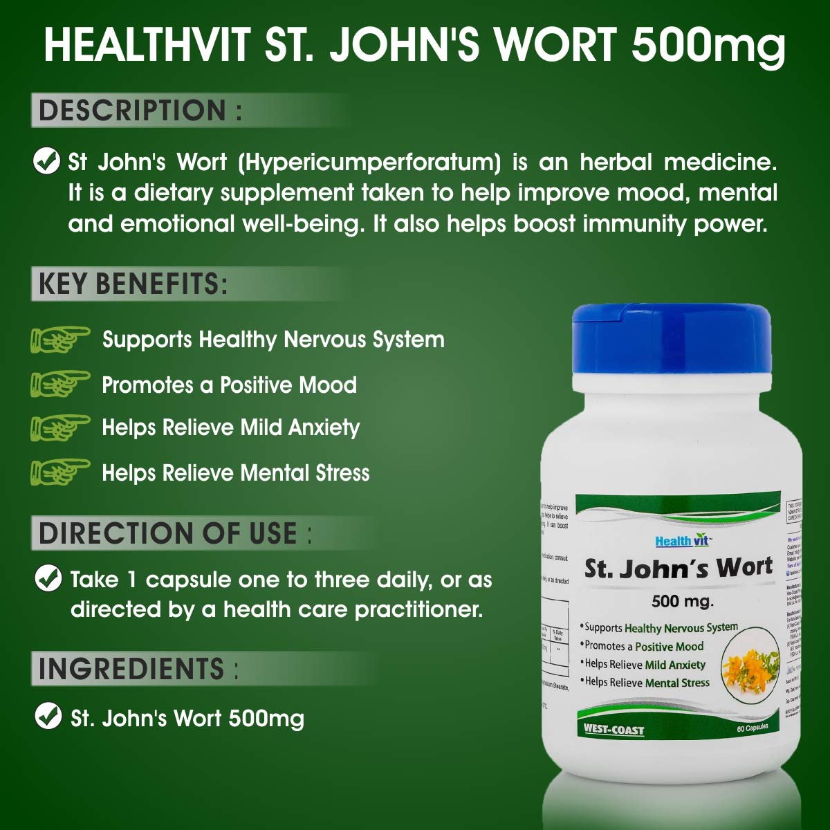 Healthvit St. John's Wort 500mg, 60 Capsules| Mood, Anxiety & Depression Support, Tincture & Mental Health