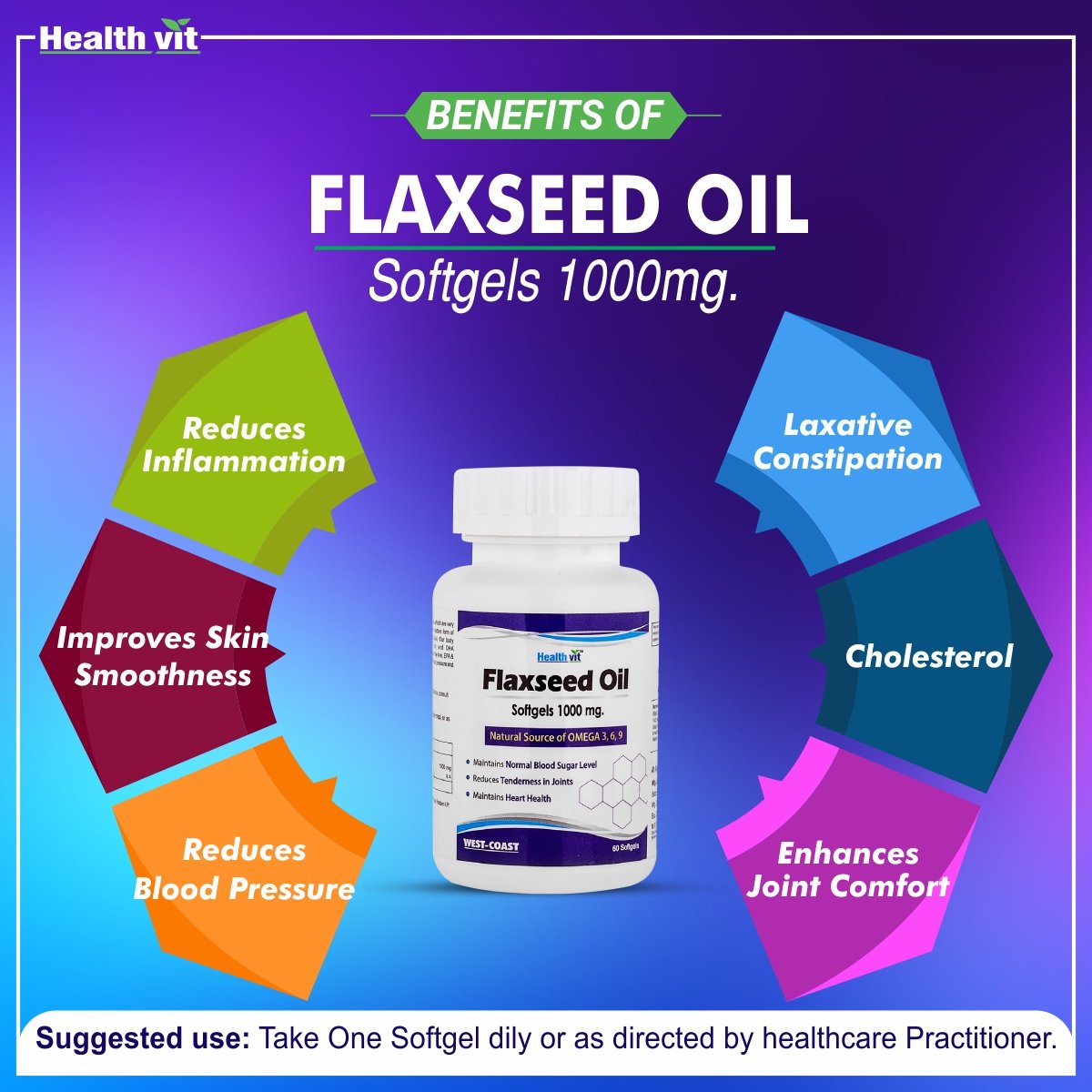 HealthVit Flaxseed Oil Softgels 1000 mg for Natural Source of Omega 3, 6, 9-60 Softgels