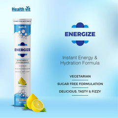 Healthvit Energize Electrolytes Energy Drink For Healthy And Energetic Day | Instant Hydration Sports Drink | Delicious, Tasty & Fizzy | Sugar Free 20 Effervescent Tablets (Lemon Flavor)