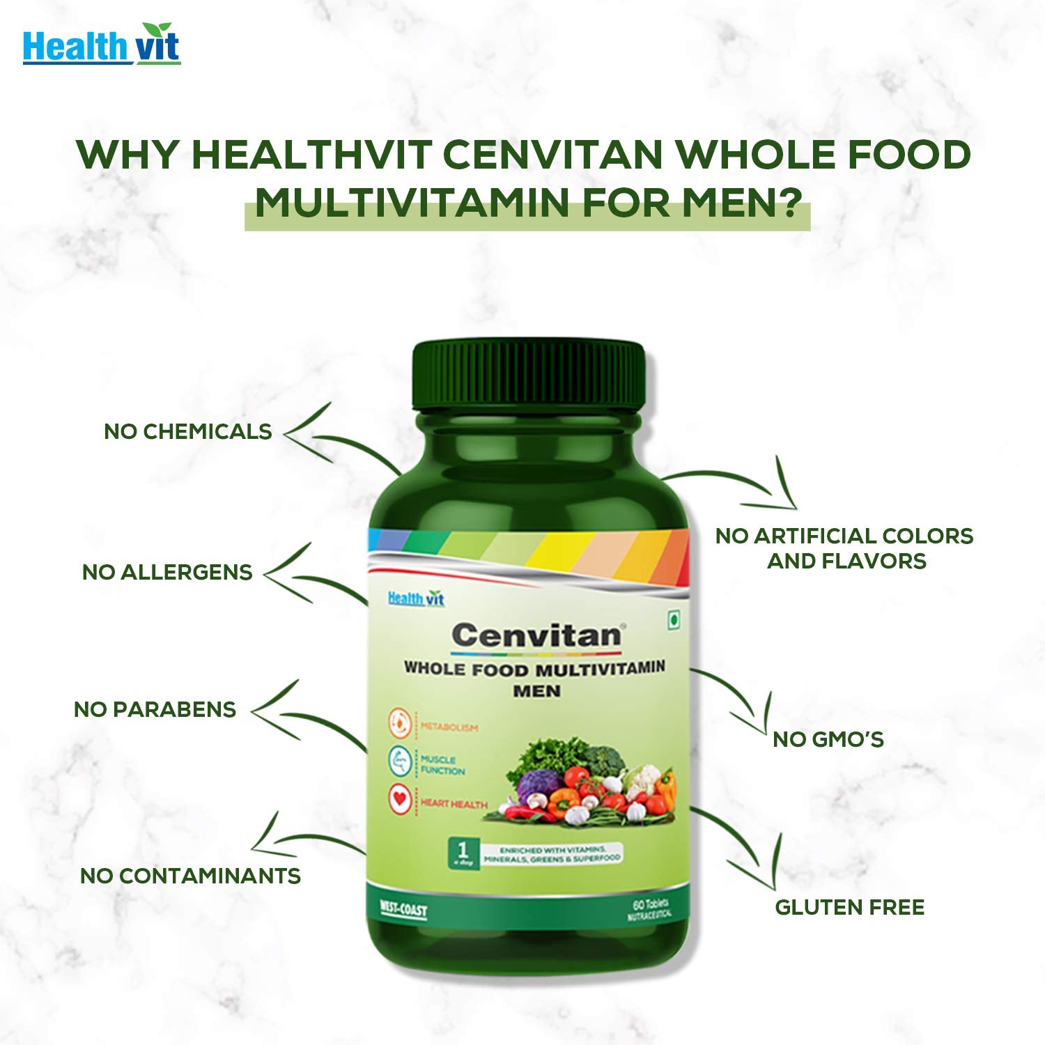 Healthvit Cenvitan Plant Based Whole Food Multivitamin for Men | Enriched with Vitamins Minerals Greens, Vegetables, Superfood, Fruits & Herbs Supplement For Immunity, Heart & Eye Health – 60 Tablets
