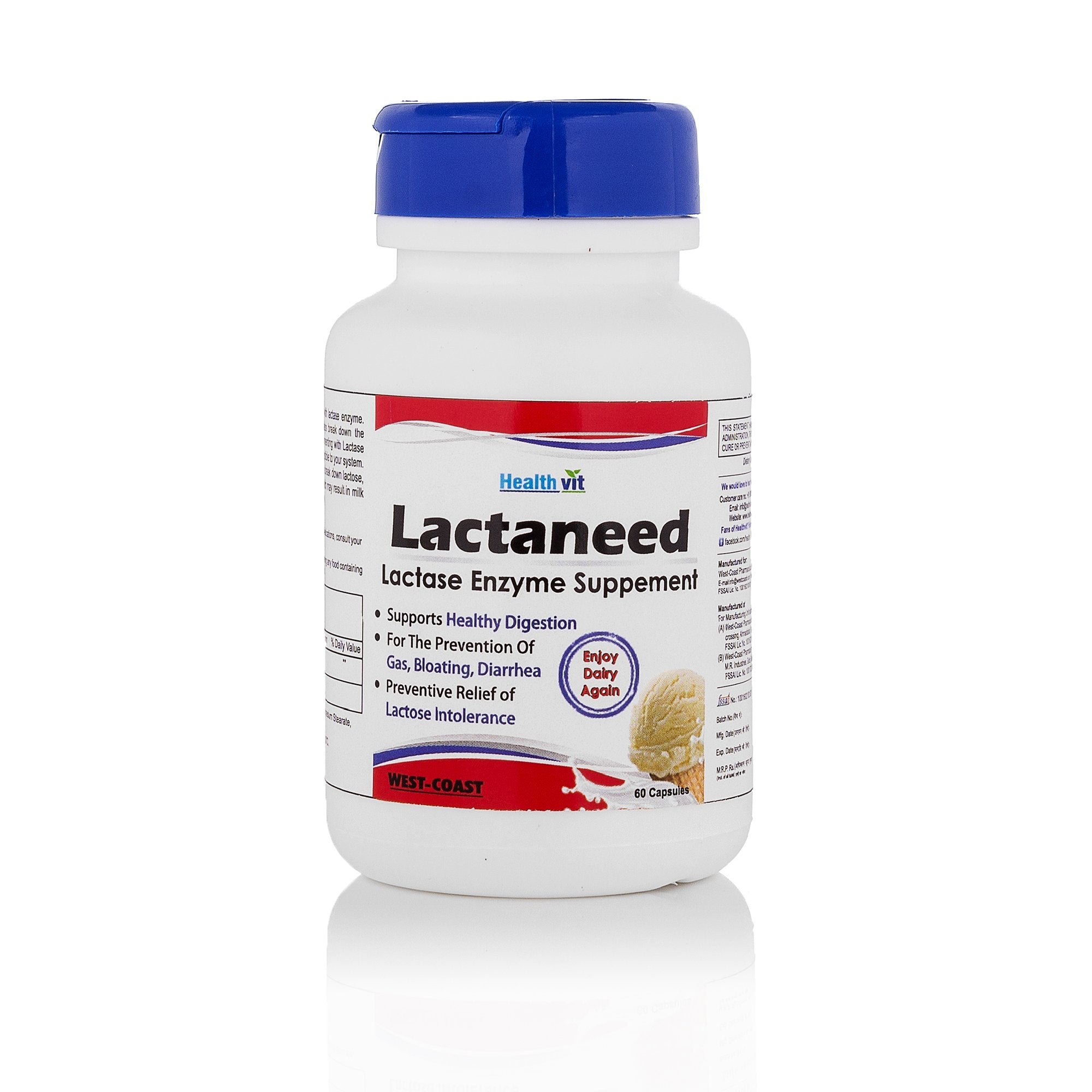HealthVit Lactaneed Lactase Enzyme Supplement 300mg 60 Capsules For Lactose Intolerance