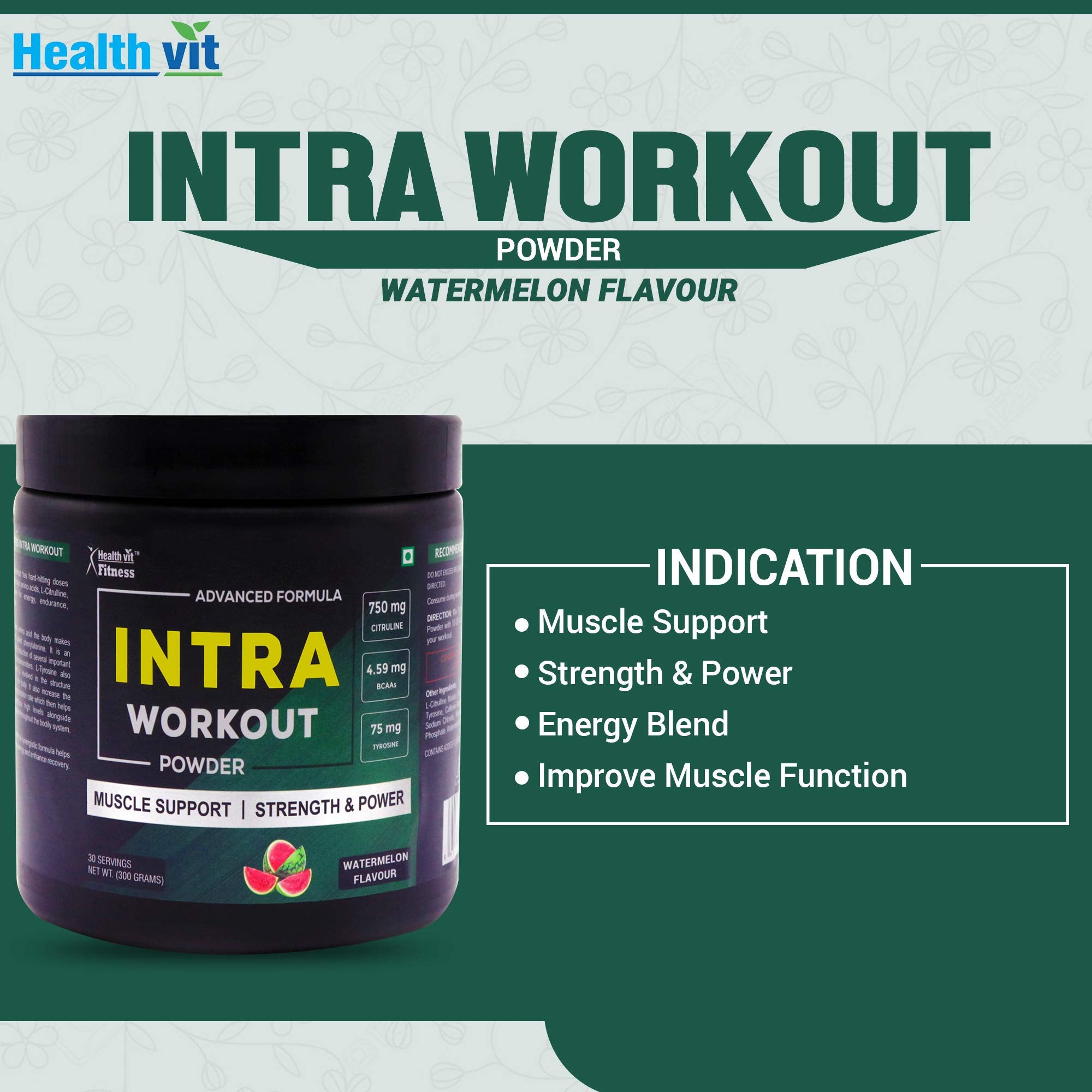 Healthvit Fitness Intra Workout Powder Advanced Formula | L-Citrulline Malate 750 mg, BCAAs 4.59 mg, Tyrosine 75 mg, L-Leucine 1.5g , L-Isoleucine 1.5g, L-Tyrosine | Improves Muscle Function | Superior Endurance | Replenish Essential Nutrients | 300gm