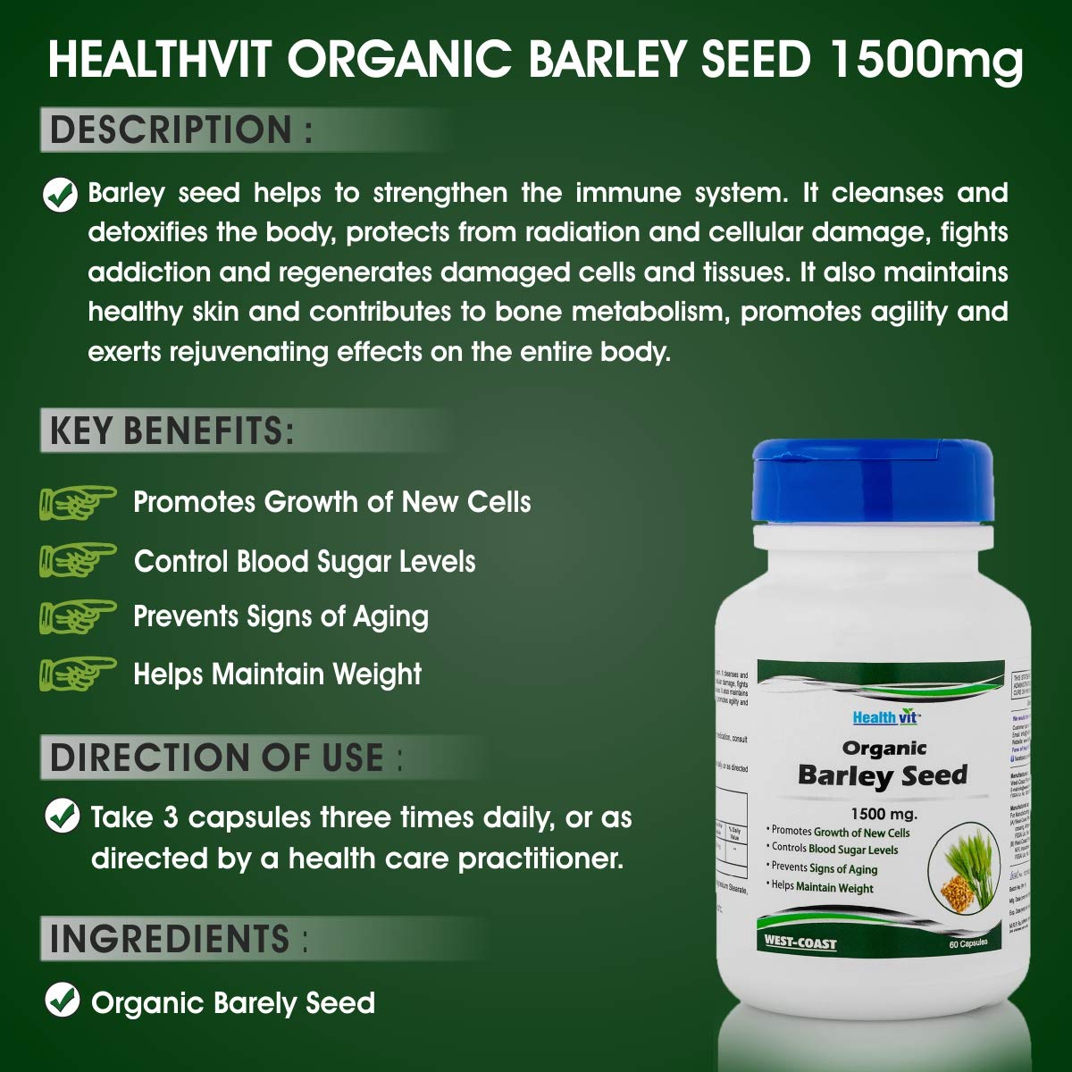 Healthvit Organic Barley Seed 1500 mg - Promotes Growth of New Cells | Control Blood Sugar Levels | Prevents Signs of Aging | Helps In Weight Management | Herbal Supplement | 60 Capsules