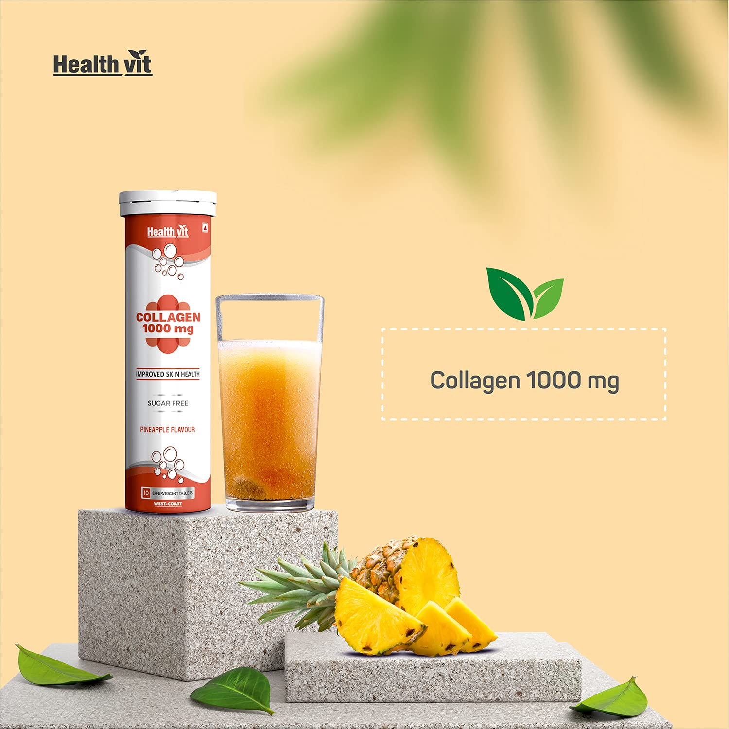 Healthvit Collagen 1000mg Collagen Peptides for Skin, Thick Hair, Stronger Nails and Joints - Sugar Free 10 Effervescent Tablets Pineapple Flavor