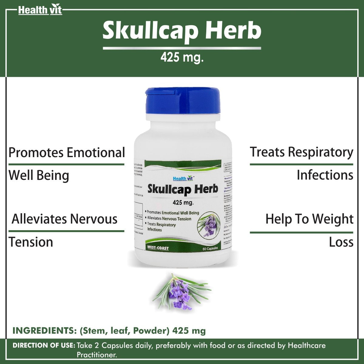 Healthvit Skullcap Herbs 425mg For Nervous System Support | Promotes Well Being | Treats Respiratory Infections | Herbal Supplement | 60 Capsules