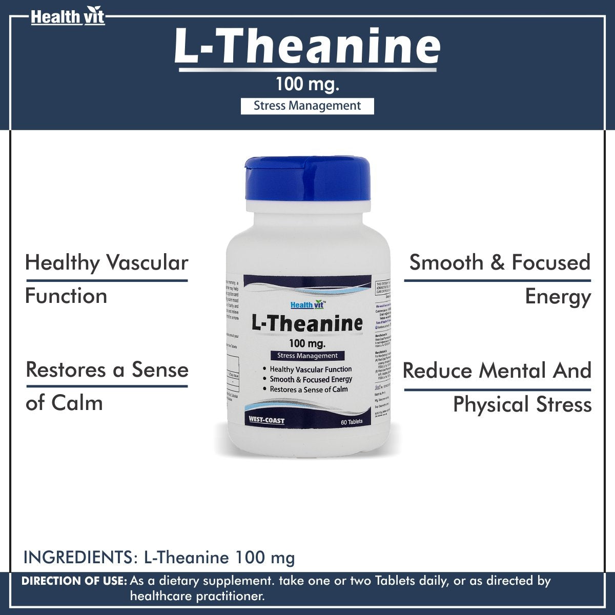 Healthvit L-Theanine 100mg For Stress Management | Healthy Vascular Function | Smooth & Focused Energy | Restores a Sense of Calm | Vegan And Gluten Free | 60 Tablets