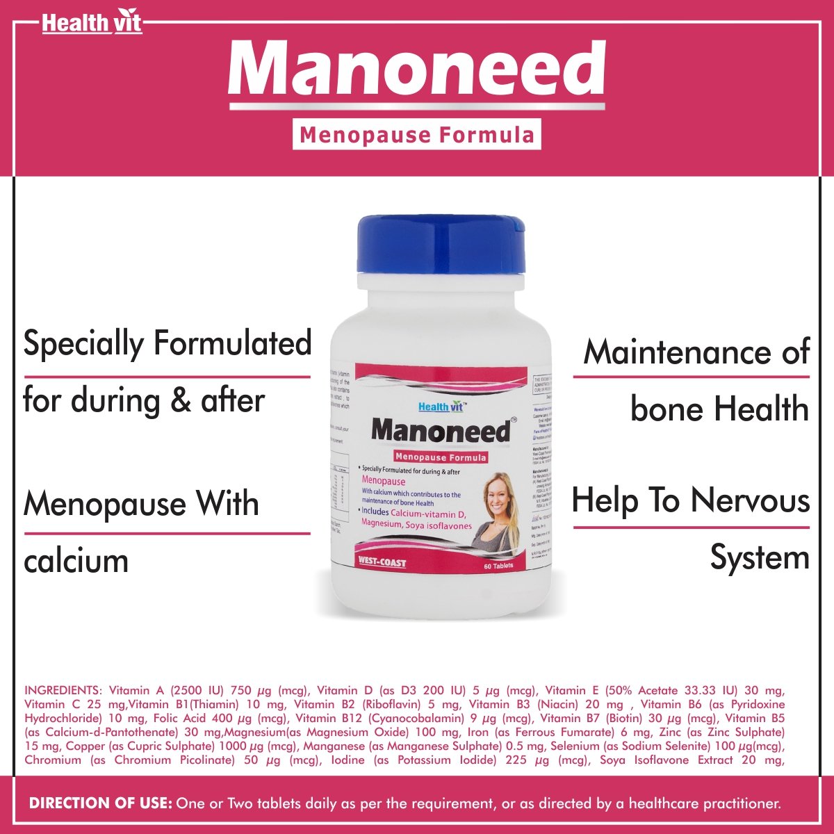 Manoneed Healthvit Manoneed Menopause Formula For Women 60 Tables (Calcium