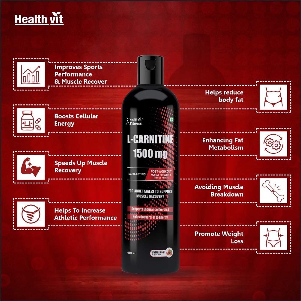 Healthvit Fitness L-Carnitine -1500 Mg for Adult Males to Support Muscle Recovery 450ml - Watermelon Flavor