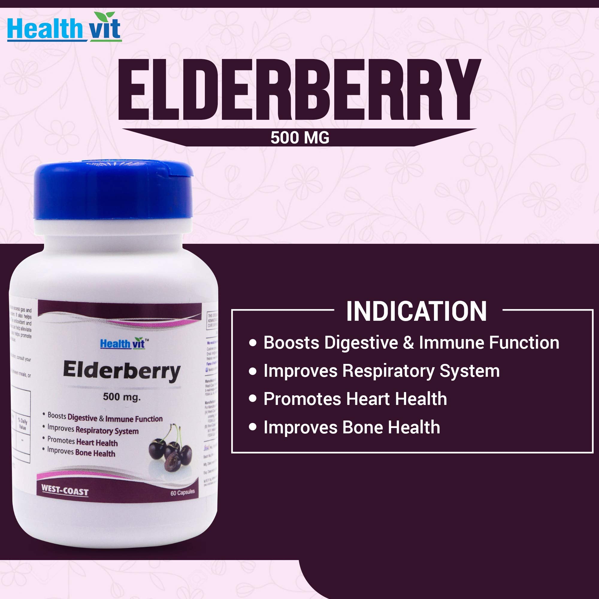 Healthvit Elderberry 500mg For Healthy Immune System | Maintain Health And Well Being | Improves Raspiratory System | Vegan And Gluten Free | 60 Capsules